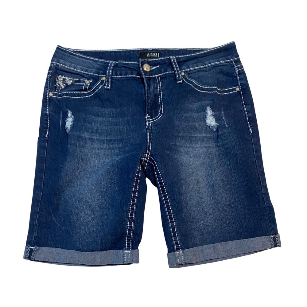 ANA A New Approach Womens Denim Bermuda Shorts Dark Wash Distressed Size 8